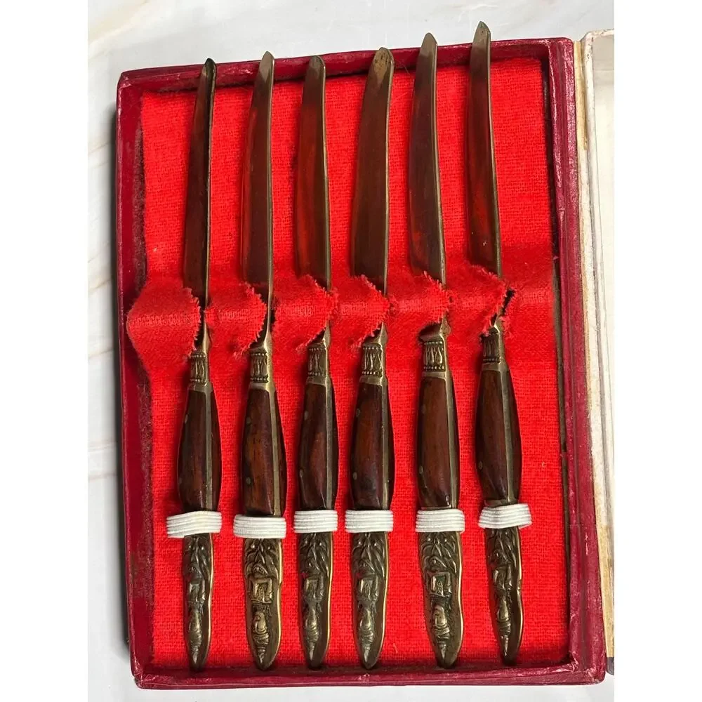 Set of 6 Vintage Thailand Siam Knife Set Rosewood Nickel Bronze 1950s